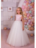 Beaded Pink Satin Ivory Tulle Floor Length Flower Girl Dress